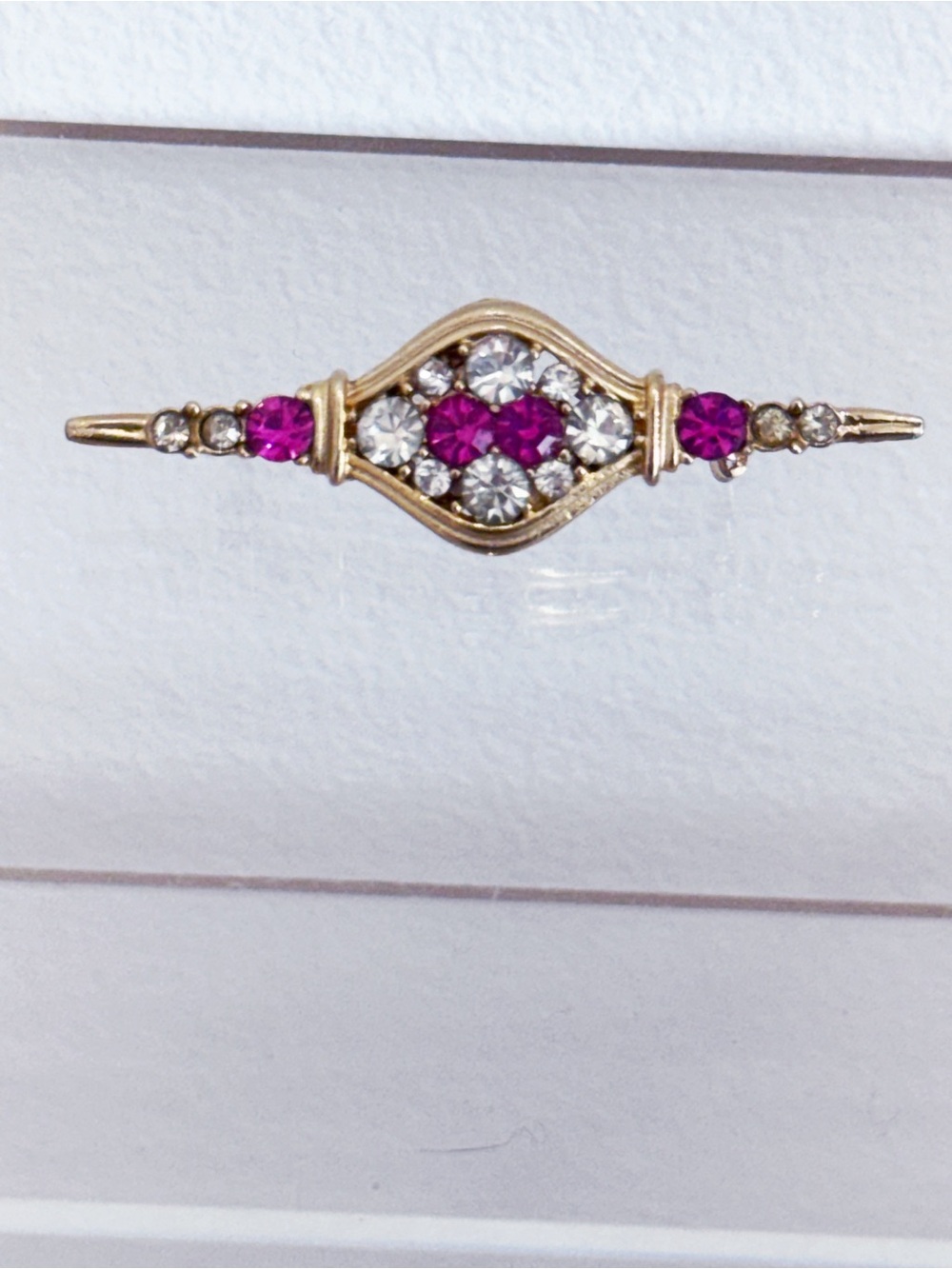 Vintage Victorian gold tone pink clear rhinestone bar brooch
